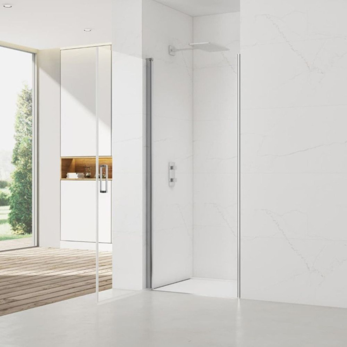 Fusion ensemble porte pivotante /paroi 100x100cm anticalcaire avec profilés chrome brillant (SATFUD100S100-SET)