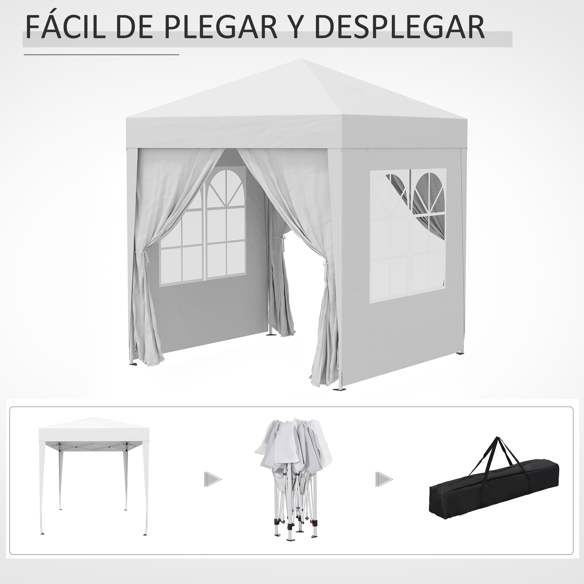 Carpa Plegable Pop-up Gazebo 2x2 m Cenador Plegable con 4 Paredes Laterales Anti-UV y Bolsa de Transporte para Camping Fiestas Blanco
