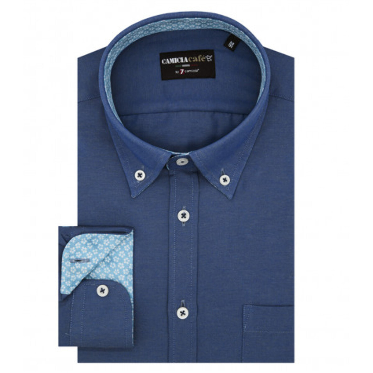 Camicia Uomo 1 Bottone Button Down Manica Corta Slim Cotone Poliestere Oxford Blu