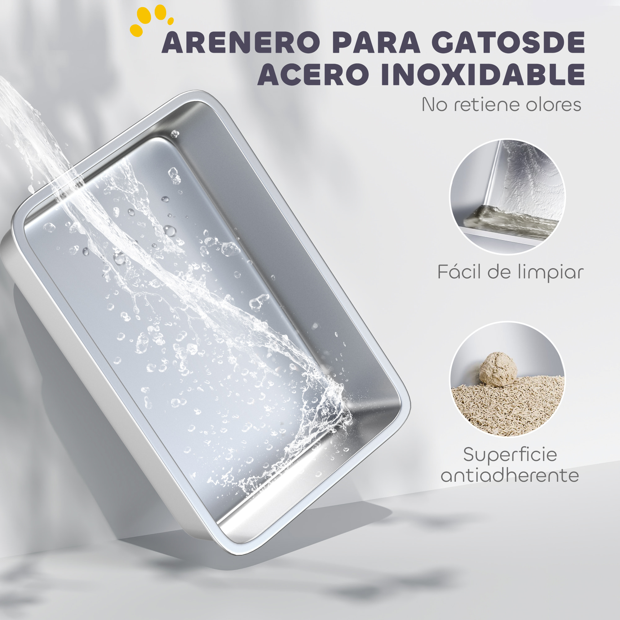 Arenero para Gatos de Acero Inoxidable XL, Caja de Arena para Gatos, Arenero con Borde Alto, Pala Metálica, Fácil de Limpiar, Prueba de Fugas, 60,2x40,2x29,7 cm, Gris
