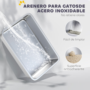 Arenero para Gatos de Acero Inoxidable XL, Caja de Arena para Gatos, Arenero con Borde Alto, Pala Metálica, Fácil de Limpiar, Prueba de Fugas, 60,2x40,2x29,7 cm, Gris