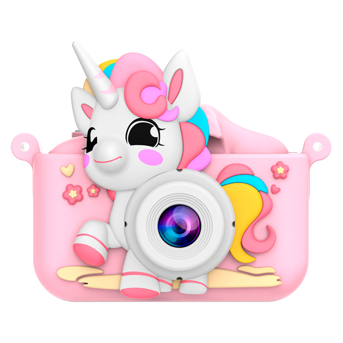 Cámara infantil de fotos y video. 44mpx y video FHD, zoom digital 8x. Cámara trasera para selfies, juegos incorporados. Funda de silicona diseño unicornio.
