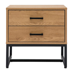 Table de chevet avec rangements 2 tiroirs finition bois clair chêne et métal noir LOVATO