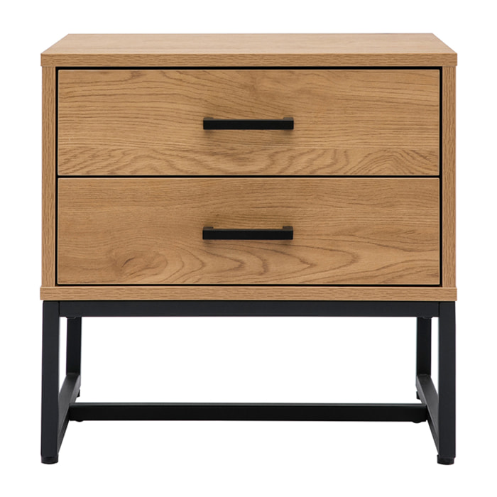 Table de chevet avec rangements 2 tiroirs finition bois clair chêne et métal noir LOVATO