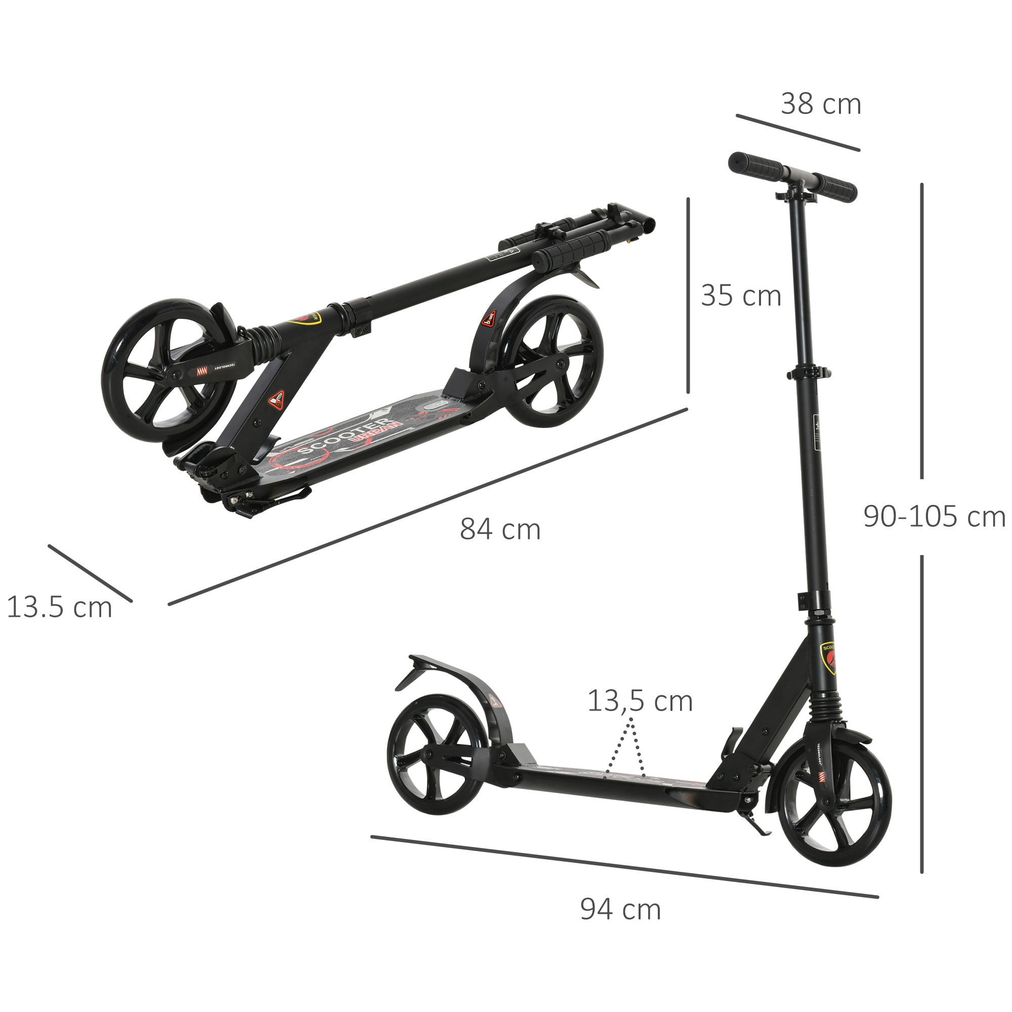 Patinete Plegable Aluminio PP PU 94x38x90-105cm Negro