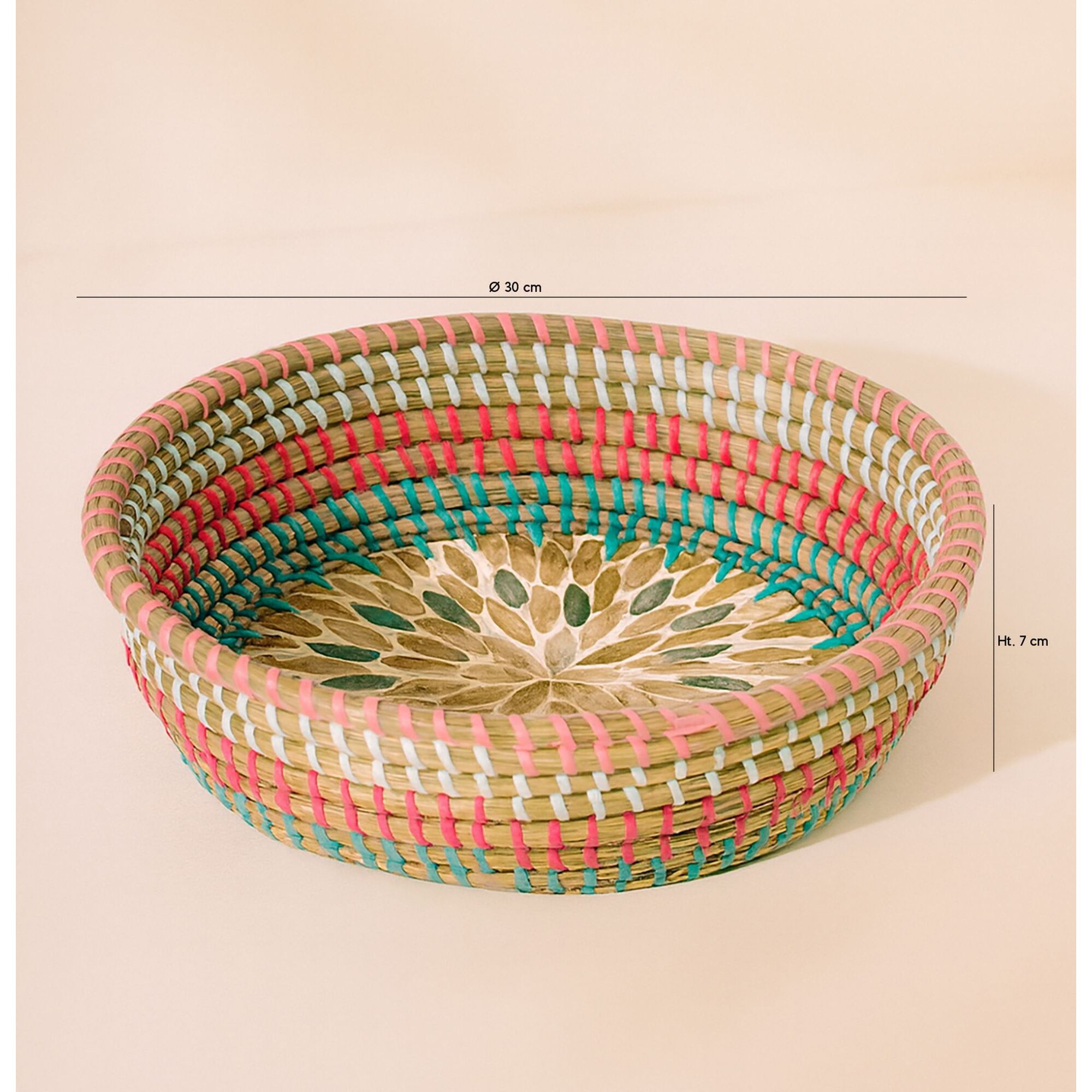 Plateau rond en jonc de mer et coquillages 30cm PAROS