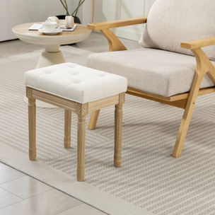Reposapiés Salón Rústico, Taburete Bajo Tapizado en Lino Sintético con Patas Talladas de Madera, Otomana para Dormitorio, Sofá, Beige