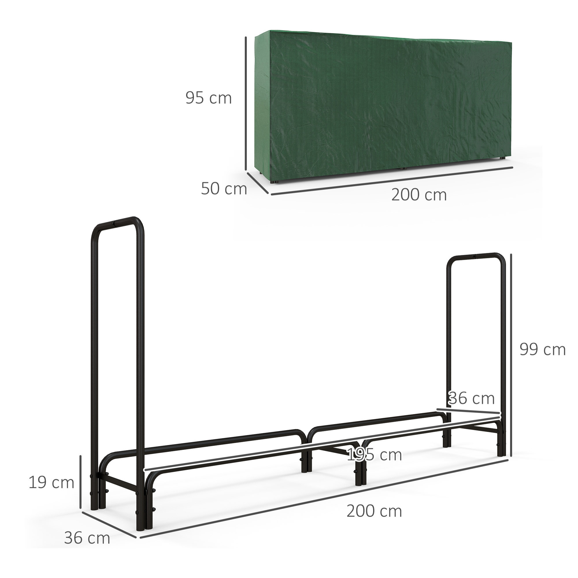 Soporte para Leña con Cubierta Estante de Leña Leñero de Metal Ajustable con Estante para Interior y Exterior Carga 200kg 200x36x99 cm Verde Oscuro y Negro