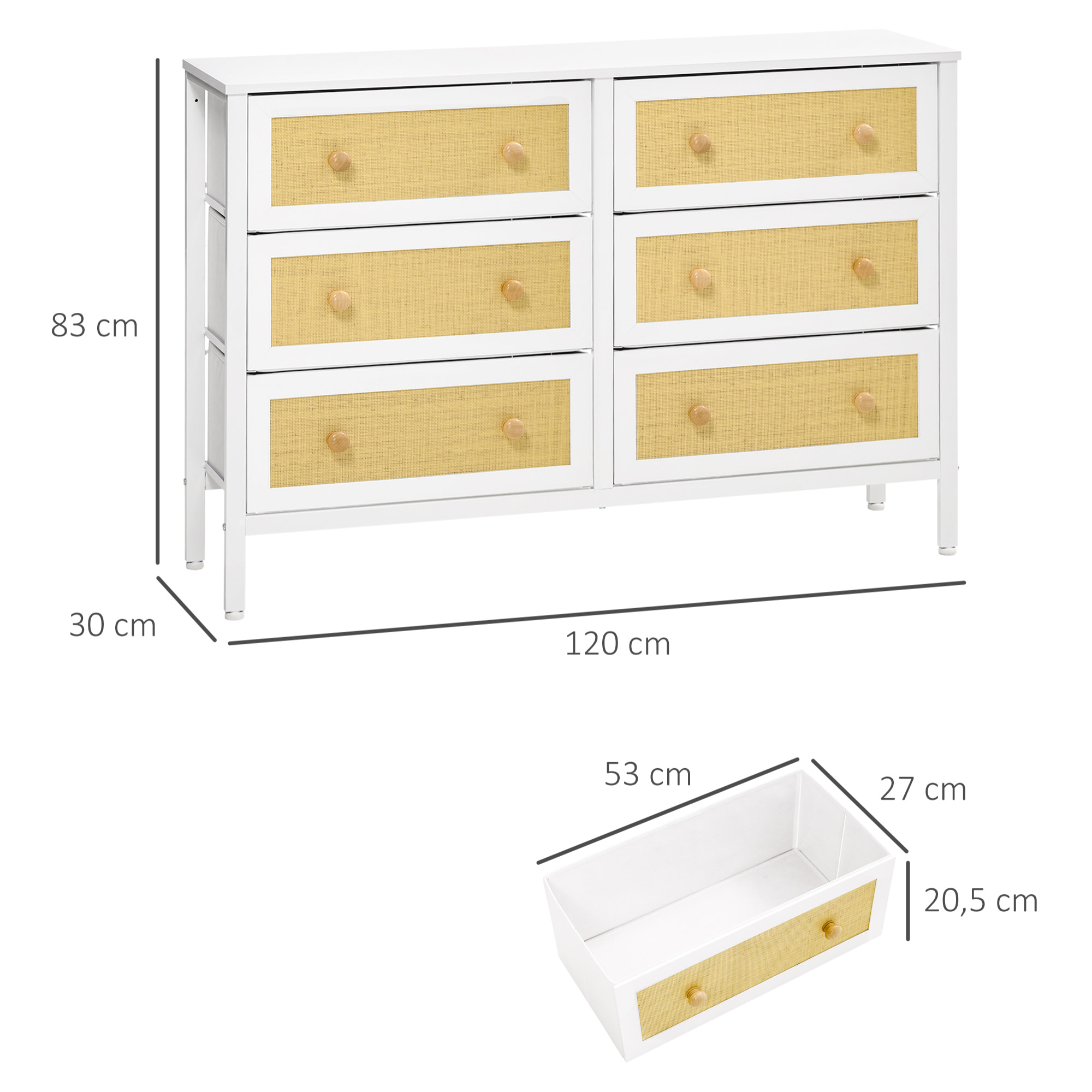 Cómoda Moderna con 6 Cajones de Tela Plegable para Dormitorio Cajonera con Superficie de Ratán PE y Marco de Acero para Salón 120x30x83 cm Blanco