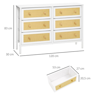 Cómoda Moderna con 6 Cajones de Tela Plegable para Dormitorio Cajonera con Superficie de Ratán PE y Marco de Acero para Salón 120x30x83 cm Blanco