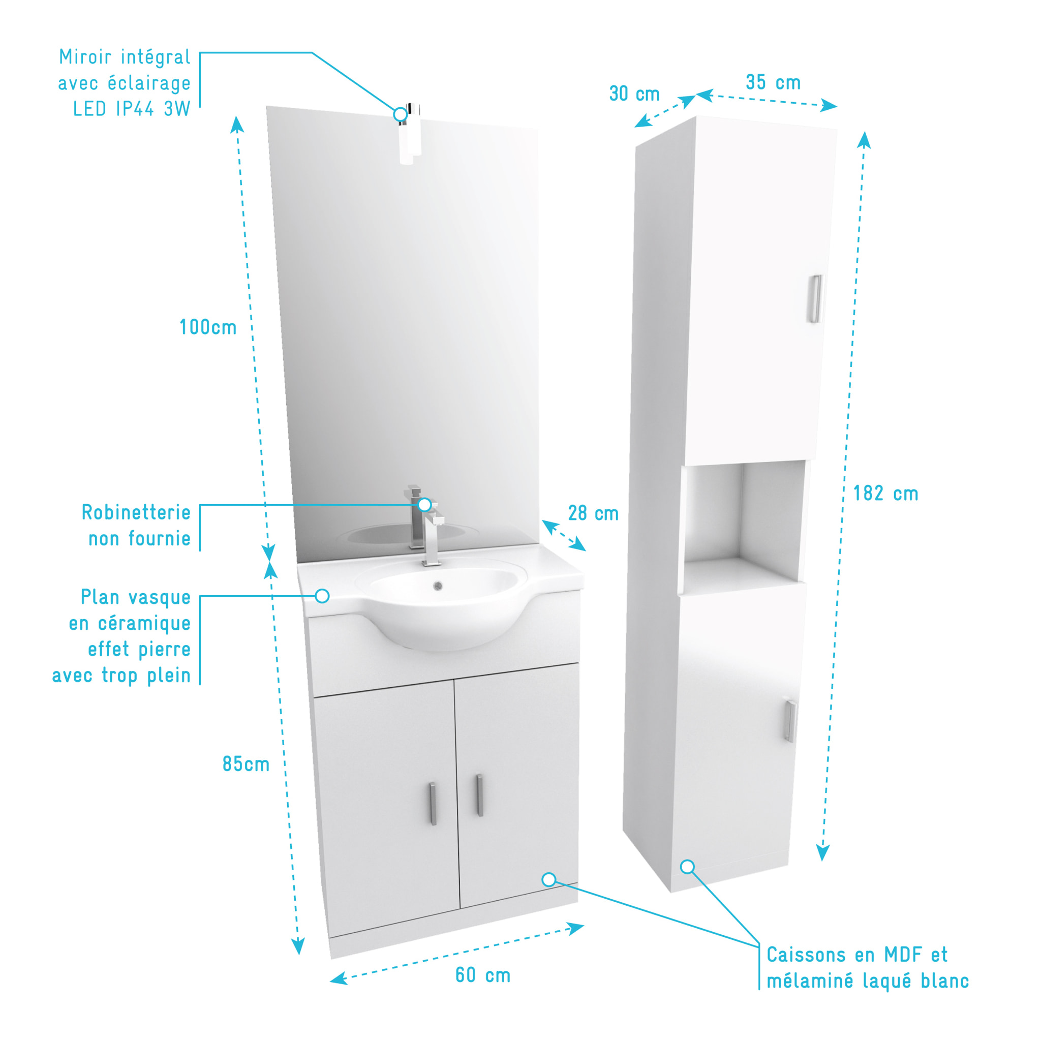 Ensemble de salle de bain blanc 60cm + vasque en céramique blanche + miroir LED + colonne 2 portes