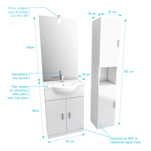 Ensemble de salle de bain blanc 60cm + vasque en céramique blanche + miroir LED + colonne 2 portes