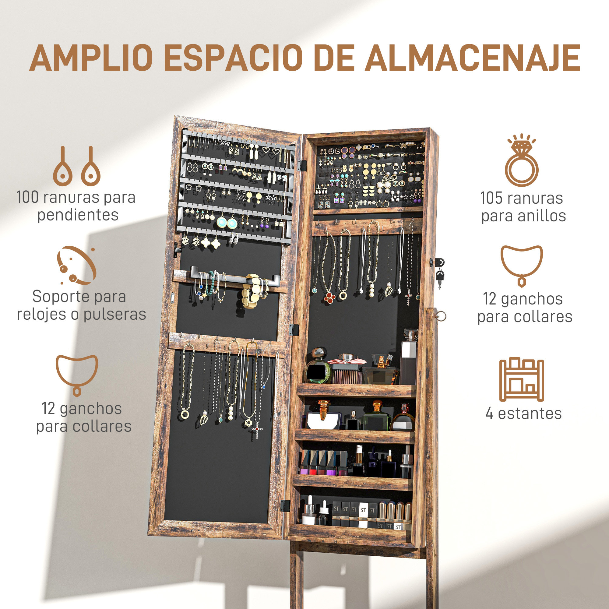 Espejo Joyero de Pie Armario de Joyería con 3 Ángulos Ajustables Cerradura Magnética Organizador de Joyas con Estantes Ranuras para Pendientes Anillos Collares 46x36,5x151,5 cm Marrón Rústico
