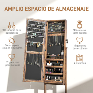 Espejo Joyero de Pie Armario de Joyería con 3 Ángulos Ajustables Cerradura Magnética Organizador de Joyas con Estantes Ranuras para Pendientes Anillos Collares 46x36,5x151,5 cm Marrón Rústico