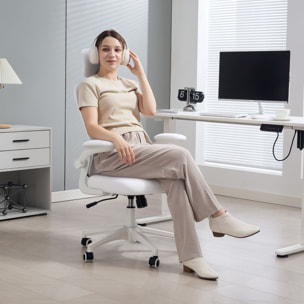 Silla de Oficina de Malla, Silla de Escritorio Giratoria con Función Basculante, Respaldo Alto, Reposacabezas Ajustable, Soporte Lumbar 4D, Brazo Abatible, Altura Ajustable, Blanco