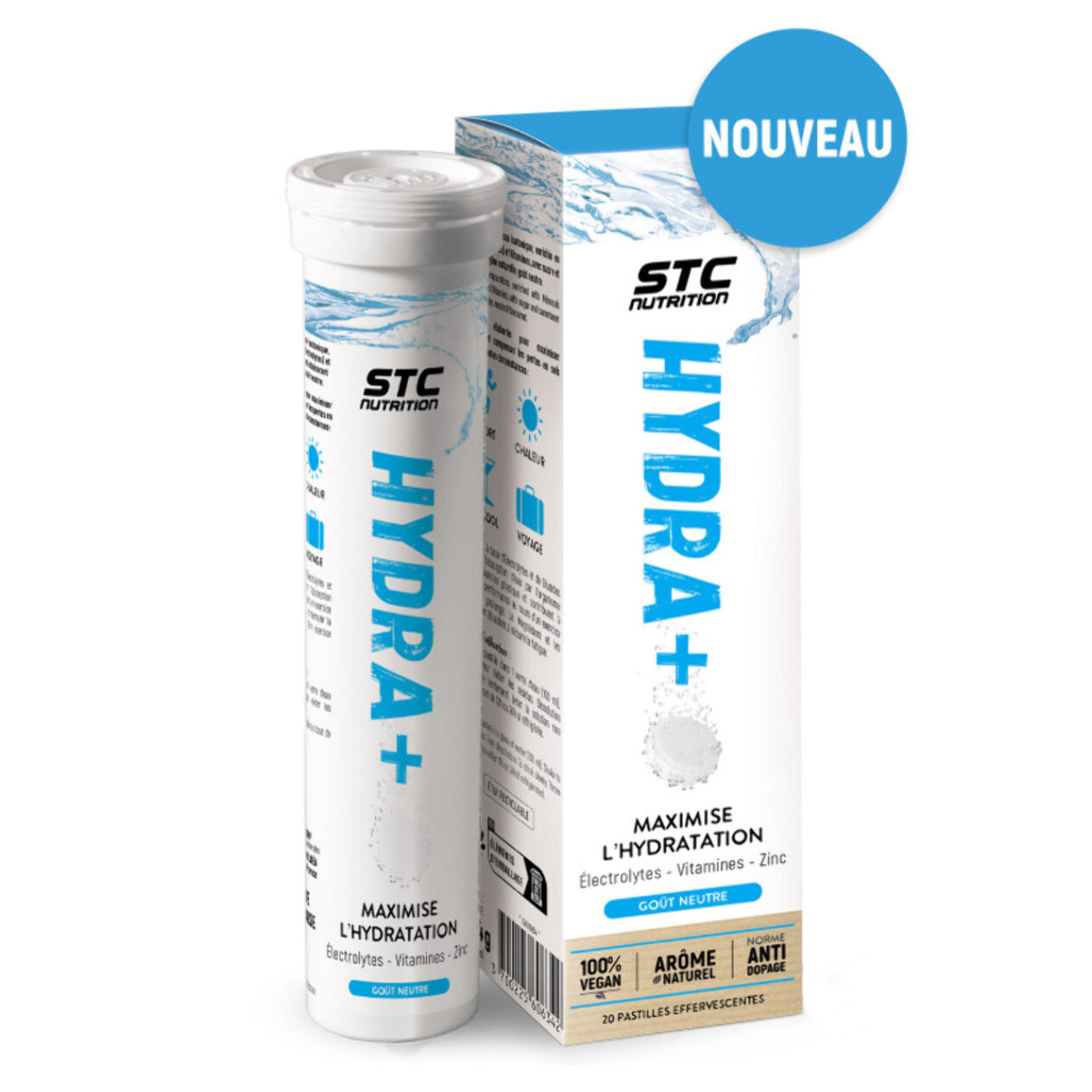 image-STC NUTRITION - Hydra+ - Préparation pour boisson isotonique à base d'Électrolytes, Vitamines, sucre et édulcorant naturels - Optimise l'hydratation - Neutre - 20 Pastilles