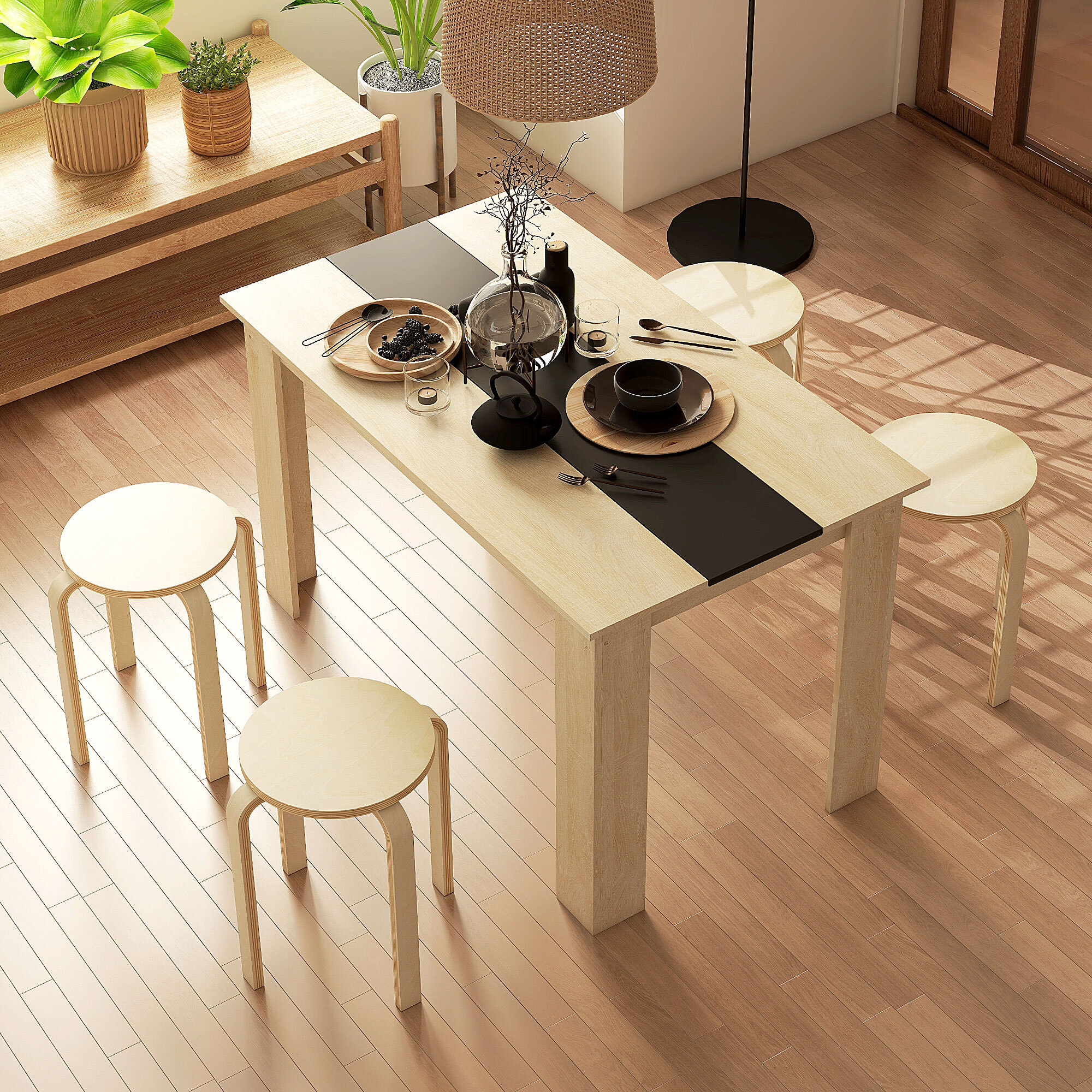 Taburetes Apilables Juego de 4 Taburetes Multiusos Taburetes de Madera Redondos Carga 120 kg para Cocina Salón Dormitorio Estudio Ø40x45 cm Madera Natural
