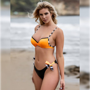 Conjunto de bikini 3 piezas naranja a rallas con anillo de acero