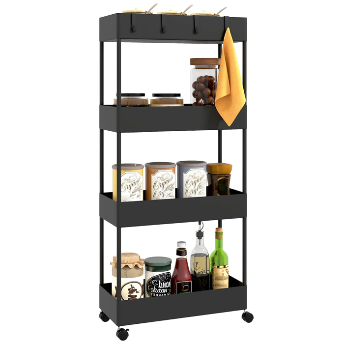 Carro de Cocina de Almacenamiento de 4 Niveles Carrito Auxiliar con Ruedas 4 Cestas y 4 Ganchos Extraíbles Carrito de Cocina para Comedor Baño Salón 40x19x90 cm Negro