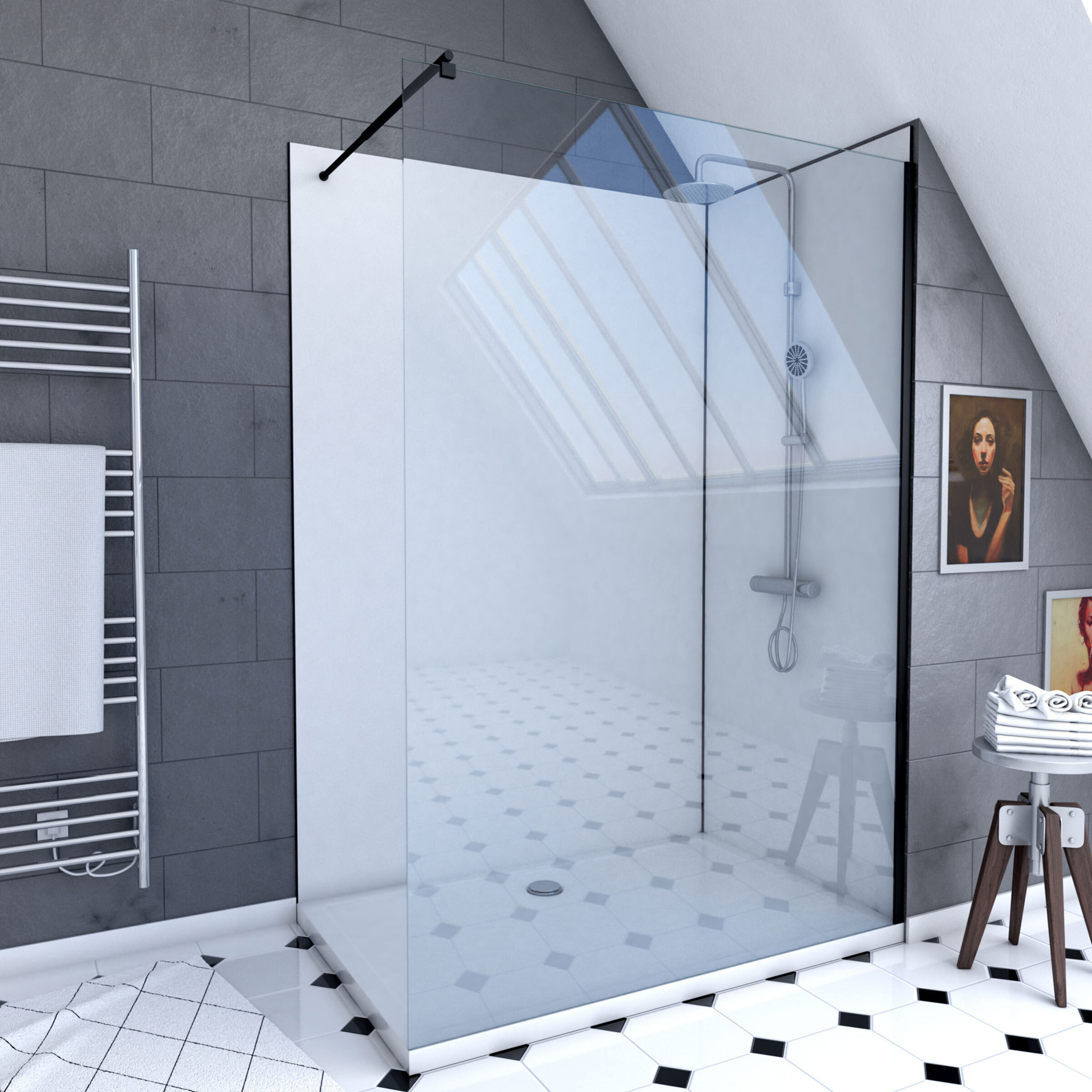 Pack douche à l'Italienne 90x120 - Kit Panneaux muraux Blanc/Noir + receveur + Paroi transparente