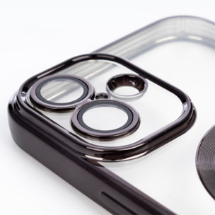 Carcasa transparente con cámara cubierta, bordes negros, antichoque y antihuellas. Magsafe para iPhone 16 Plus.