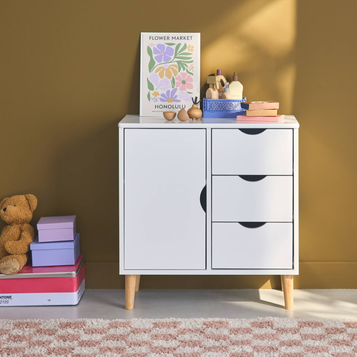 Commode enfant. 1 porte et 3 tiroirs. 2 étagères. blanc. pieds en pin