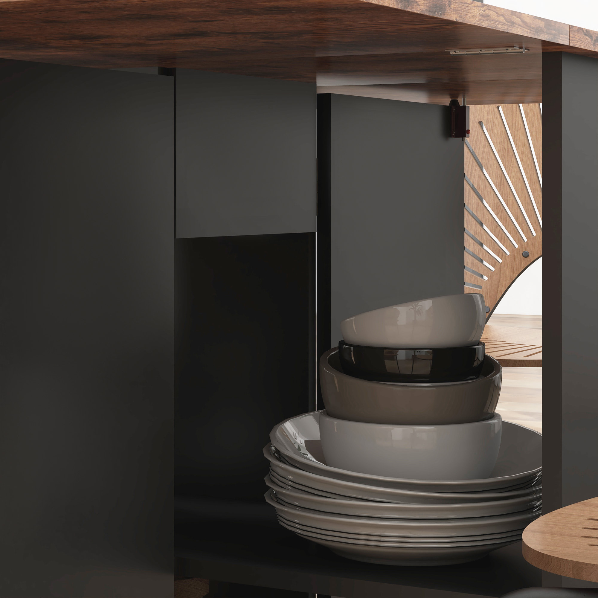 Table de cuisine rabattable - table à manger pliable 2-4 personnes - étagères, tiroir - noir effet bois