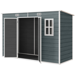 Abri de jardin 3,2 m² portes verrouillables plancher fenêtres aérations résine PP effet bois gris blanc