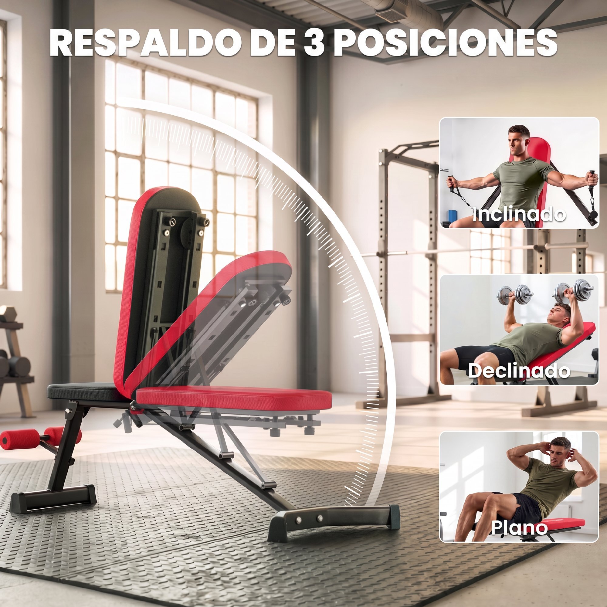 Banco de Musculación Plegable, Banco de Pesas, Respaldo Ajustable en 3 Niveles, Plano/Inclinación/Declive, Extensión de Pierna y Bandas de Resistencia, para Entrenamiento en Casa Gimnasio