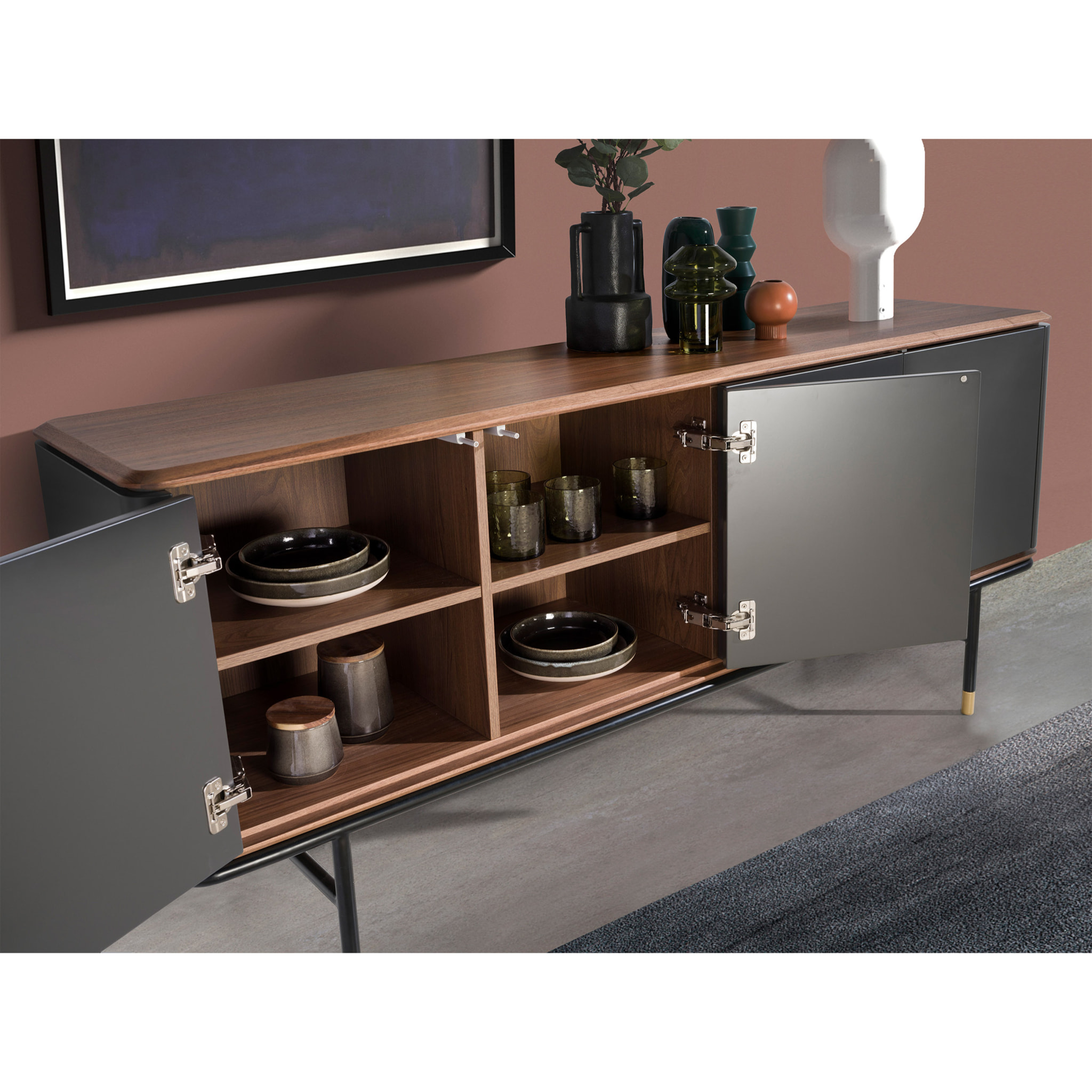 Aparador de madera de MDF en gris oscuro mate y patas de acero inoxidable negro 180x45x79cm