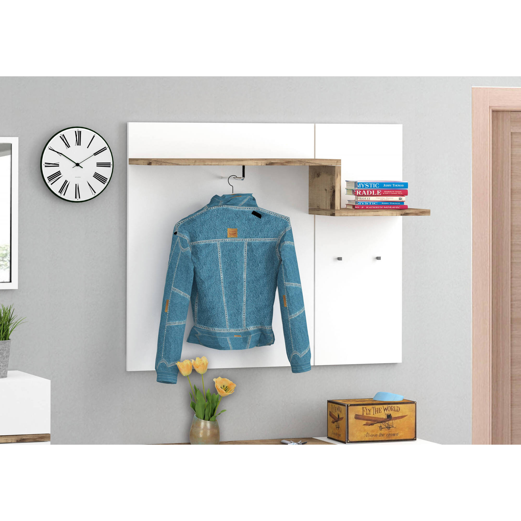 Mobile da ingresso Graziella, Entratina moderna multifunzione, Armadietto multiuso per atrio, 100% Made in Italy, cm 120x40h54, Bianco lucido e Acero