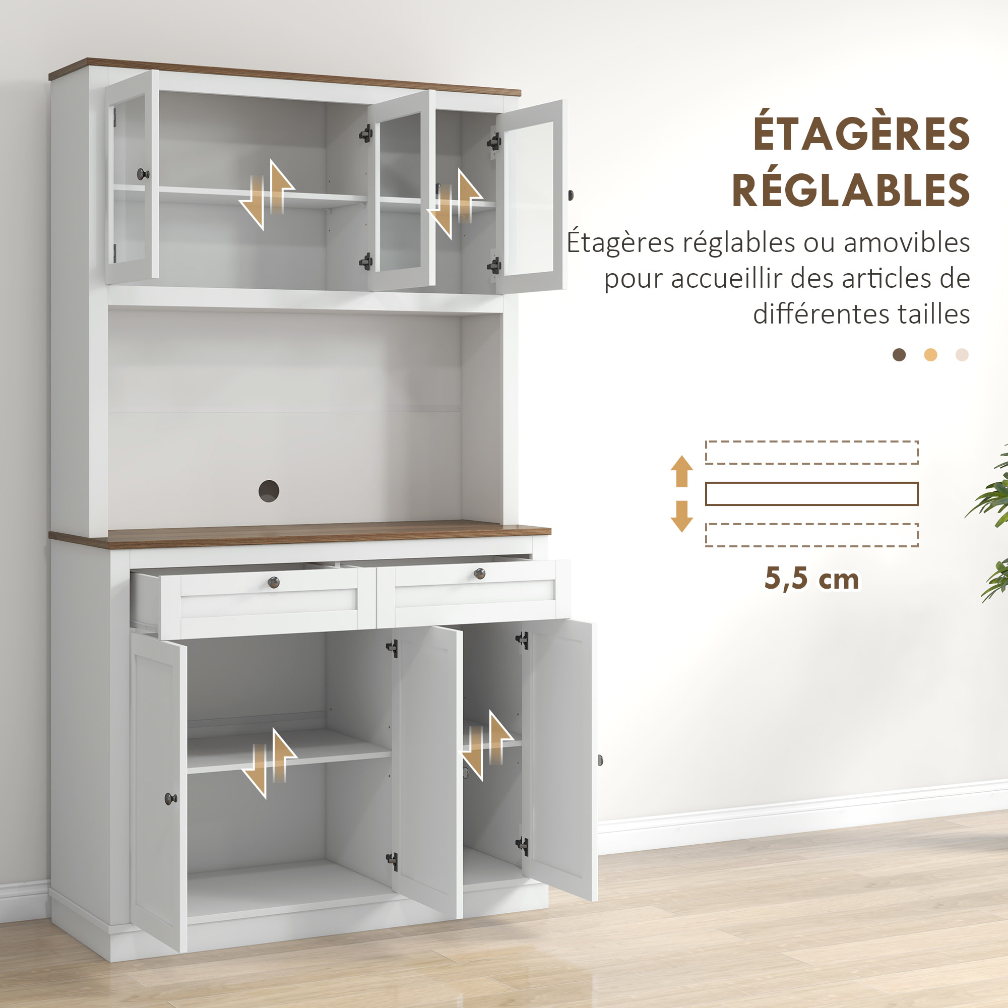 Buffet haut cuisine vitrine - 6 portes, 2 tiroirs, plan de travail - dim. 100x40x180cm - blanc effet bois noyer