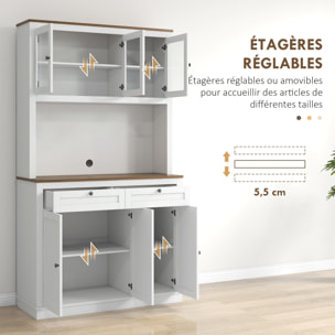 Buffet haut cuisine vitrine - 6 portes, 2 tiroirs, plan de travail - dim. 100x40x180cm - blanc effet bois noyer