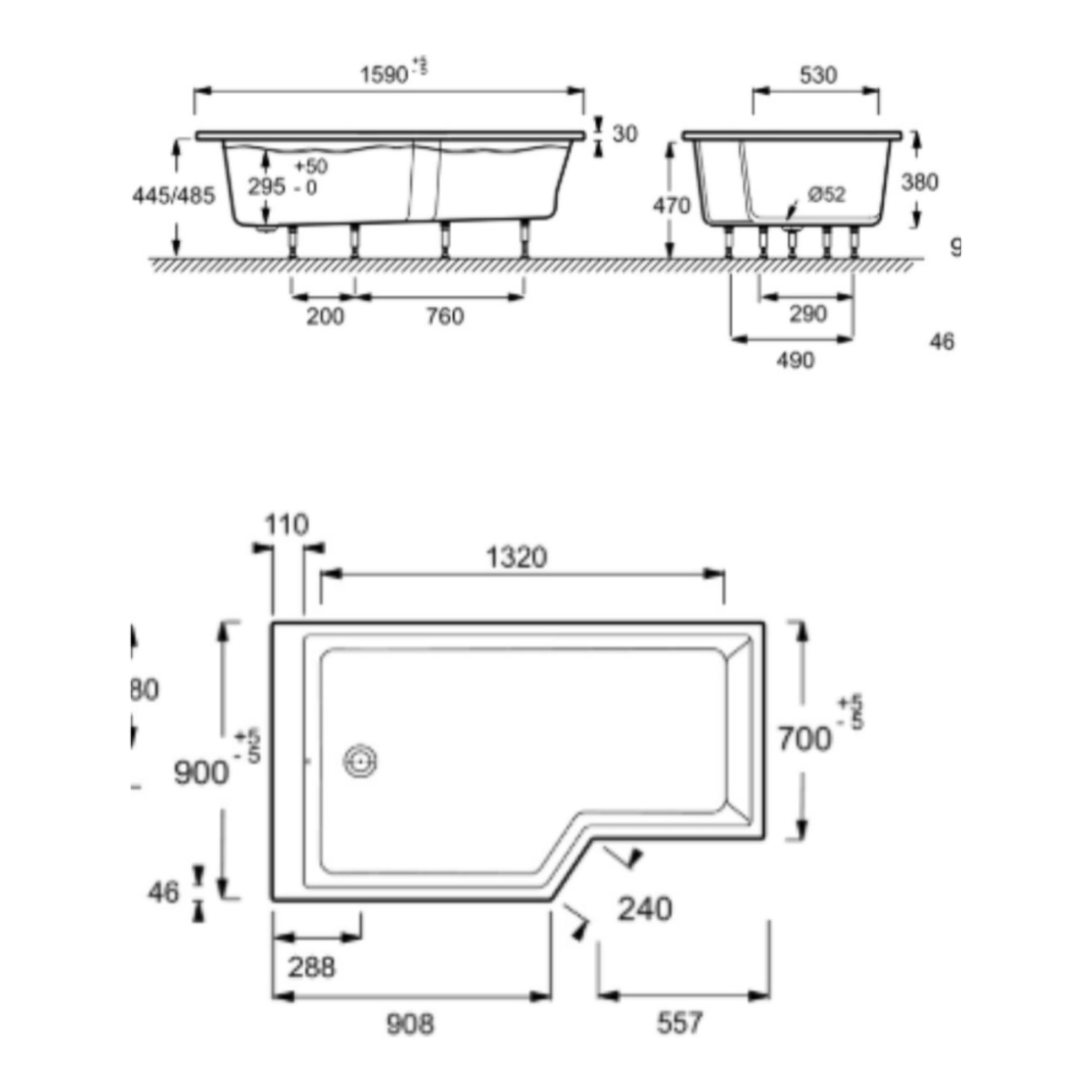 Baignoire bain douche antidérapante Neo, blanc mat 160 x 90, gauche