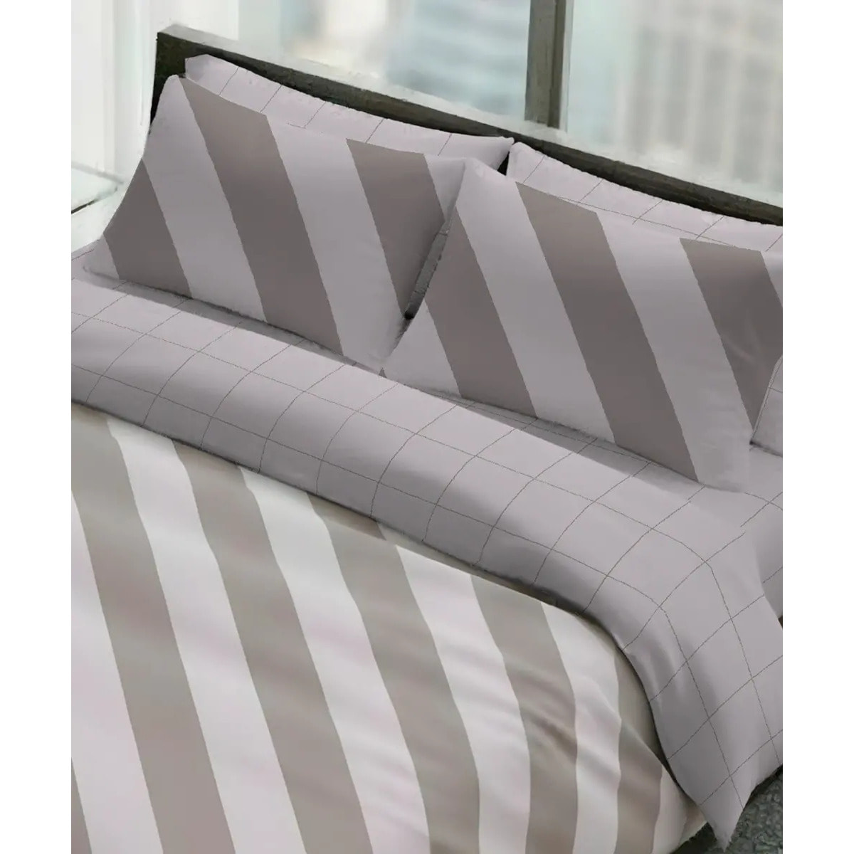 Parure Copripiumino Elite Beige per letto singolo in 100% Cotone e Made in Italy, geometrico a righe
