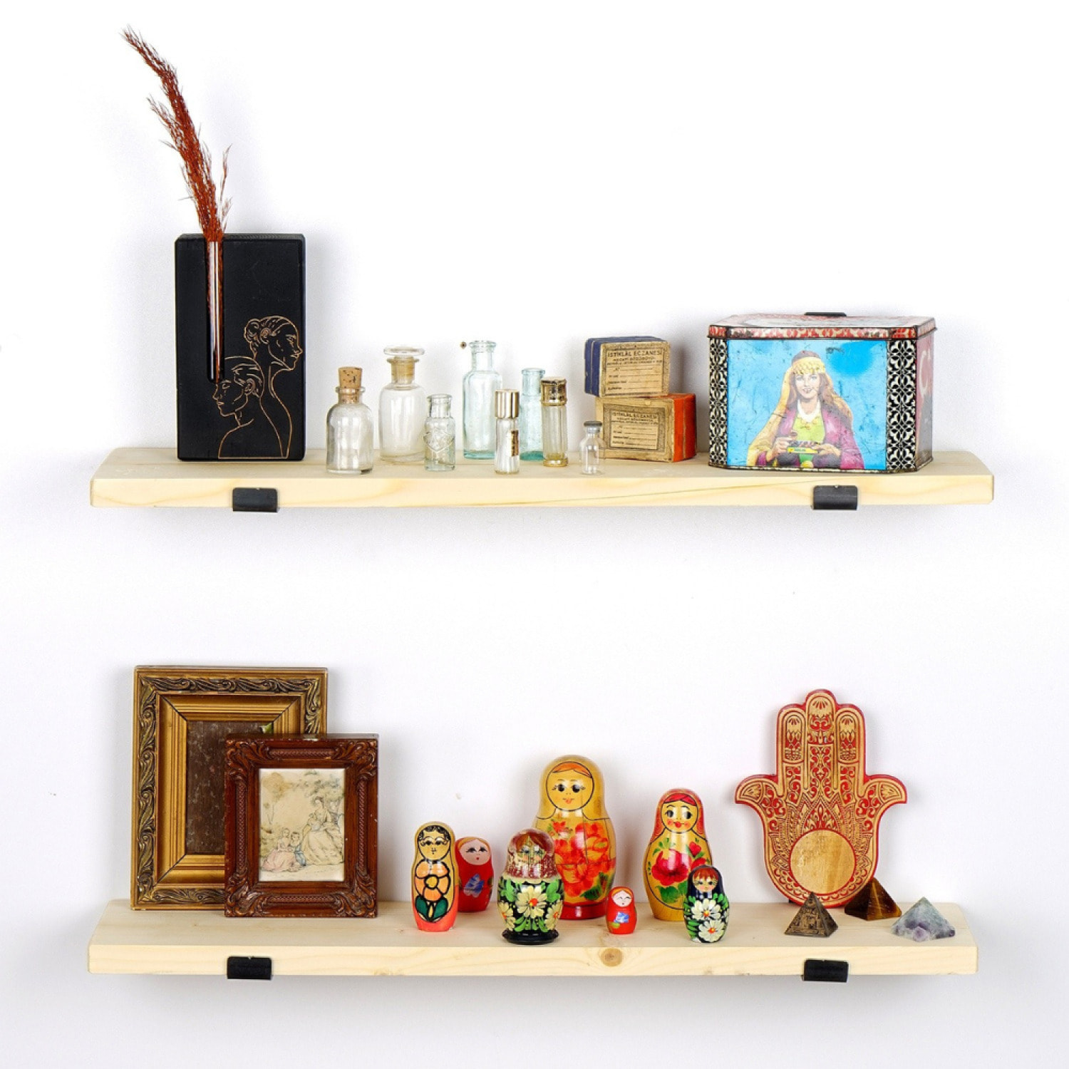 MUSE - Étagère murale en bois d'épicéa et métal - 2 rangements - bois et noir