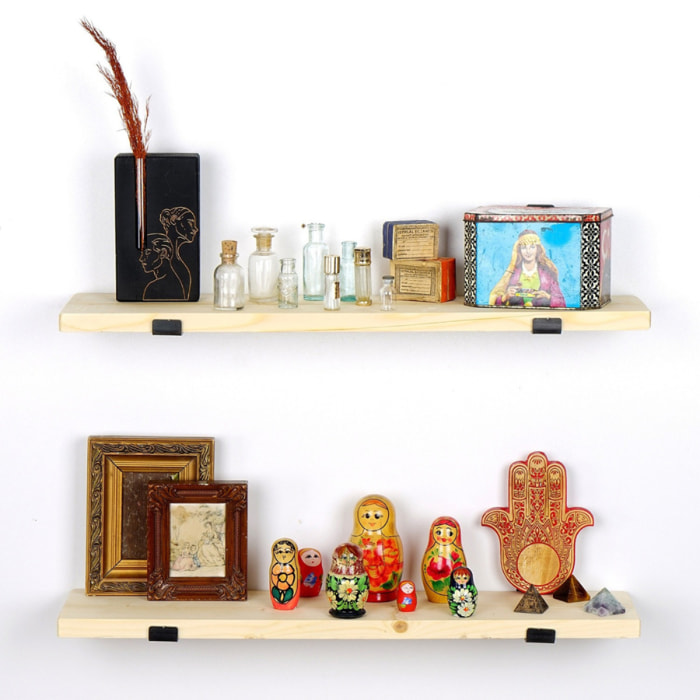 MUSE - Étagère murale en bois d'épicéa et métal - 2 rangements - bois et noir