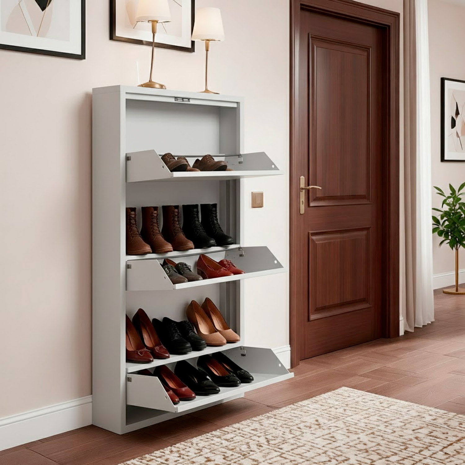 Scarpiera Slim In Metallo 3 Ante A Ribalta Ultra Sottile Salvaspazio Mobile Portascarpe Moderno Ingresso Camera Corridoio 104 x 50 x 15 Cm Grigio