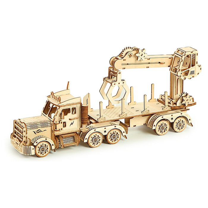Maqueta de Madera 3D, diseño de Camión con Grua con movimiento mecánico. 428 piezas.