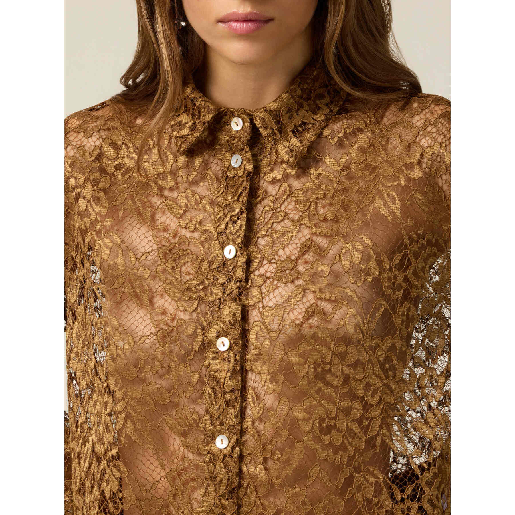 Oltre - Camicia in pizzo con bordo smerlato - Marrone