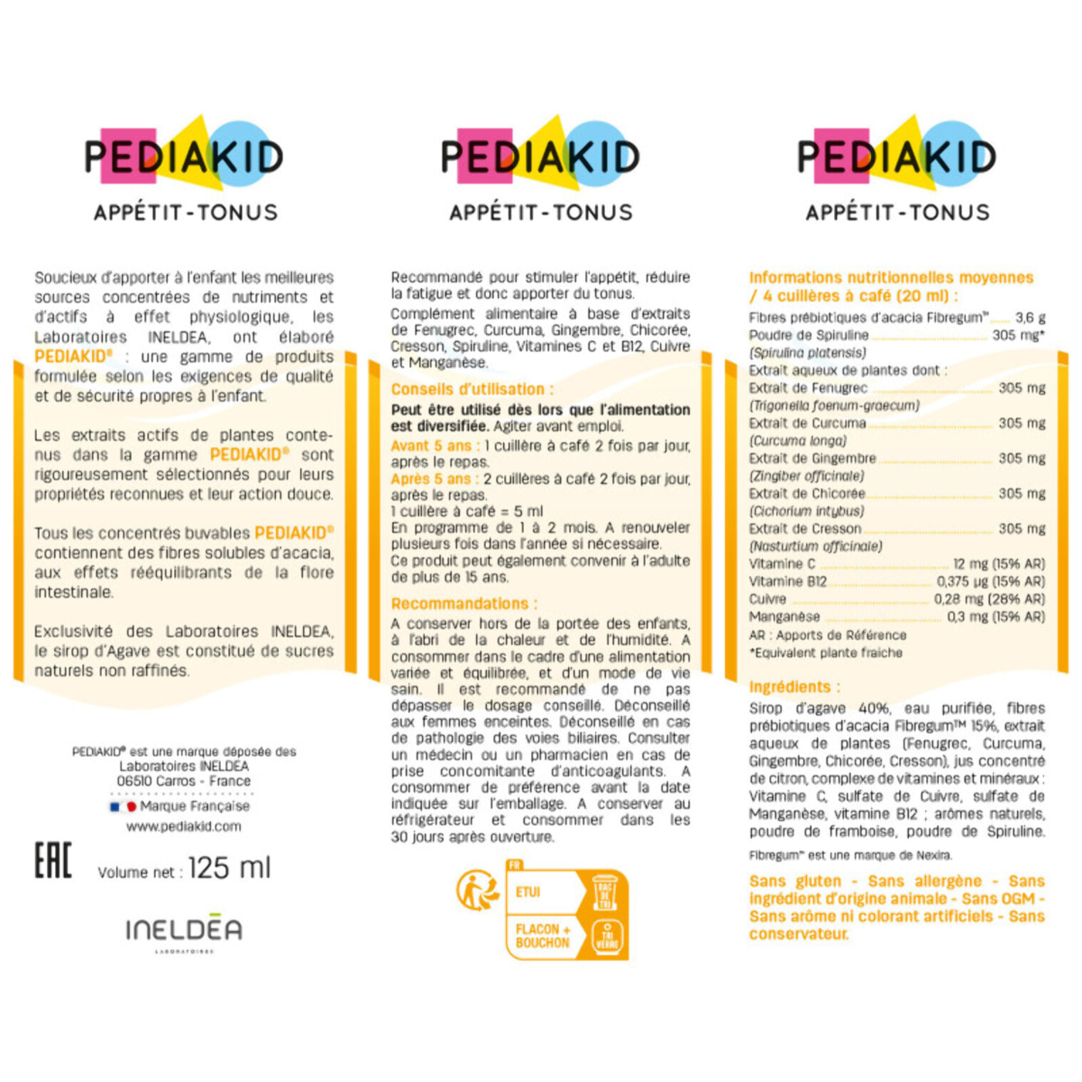 PEDIAKID - Sirop Appétit-Tonus - Complément Alimentaire Naturel - Formule Exclusive au Sirop d'Agave - Stimule l'Appétit - Aide à la Prise de Poids - Lot de 2 flacons de 125 ml