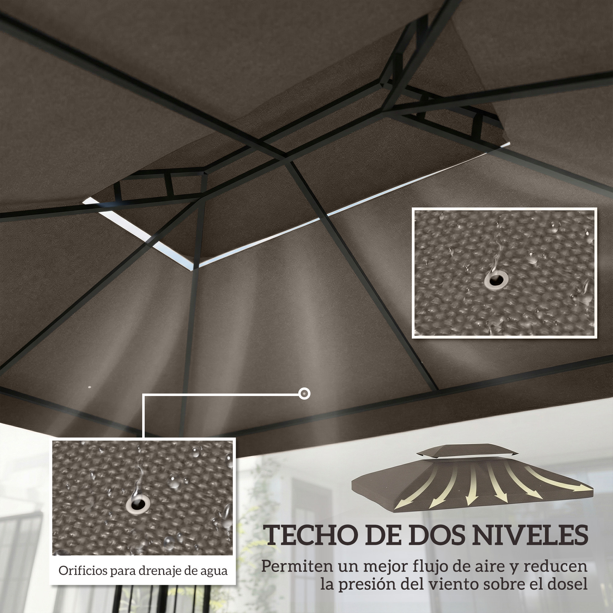 Techo de Repuesto para Cenador, 4x3 m, Cubierta de Repuesto con Techo Doble, 10 Orificios de Drenaje y Protección UV, SOLO Toldo de Recambio para Pabellón Gazebo, Marrón