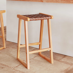 Tabouret pour îlot central 67 cm en teck et cuir tressé marron - Yuma