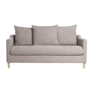 Canapé convertible scandinave 3 places en tissu effet velours taupe et bois clair LOUISE