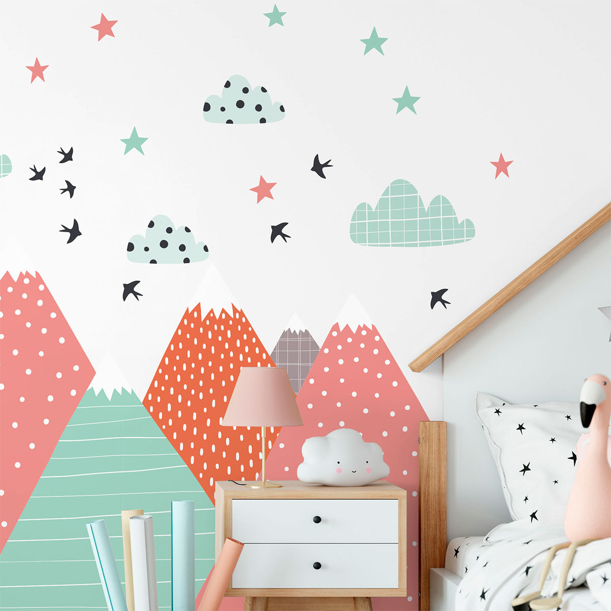 Stickers muraux enfants - Décoration chambre bébé - Autocollant Sticker mural géant enfant montagnes scandinaves LINDKA