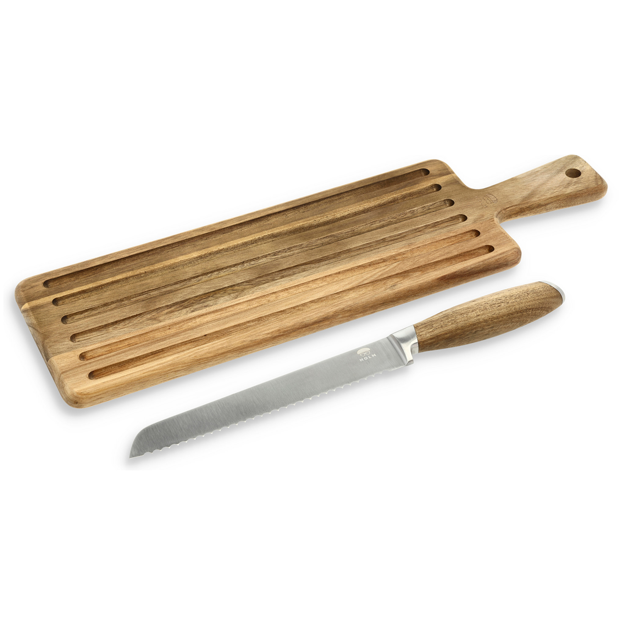 Ensemble planche découper en acacia avec couteau à pain