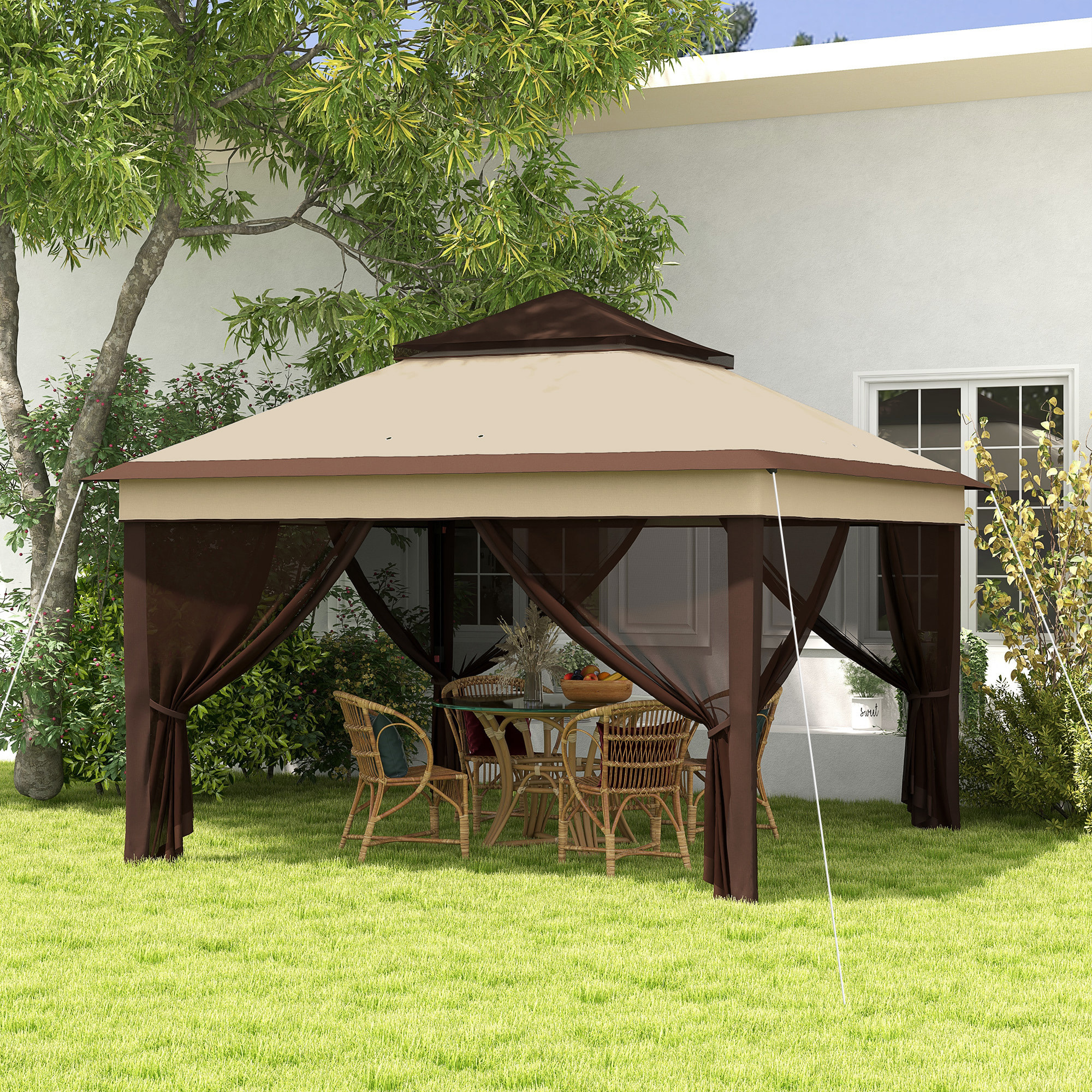 Carpa Plegable 3x3x2,7 m Cenador de Jardín con Doble Techo Altura Ajustable 4 Mosquiteras Protección UV30+ Impermeable y Bolsa Gazebo para Exterior Fiestas Camping Beige y Café