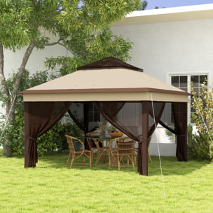 Carpa Plegable 3x3x2,7 m Cenador de Jardín con Doble Techo Altura Ajustable 4 Mosquiteras Protección UV30+ Impermeable y Bolsa Gazebo para Exterior Fiestas Camping Beige y Café