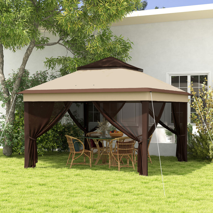 Carpa Plegable 3x3x2,7 m Cenador de Jardín con Doble Techo Altura Ajustable 4 Mosquiteras Protección UV30+ Impermeable y Bolsa Gazebo para Exterior Fiestas Camping Beige y Café