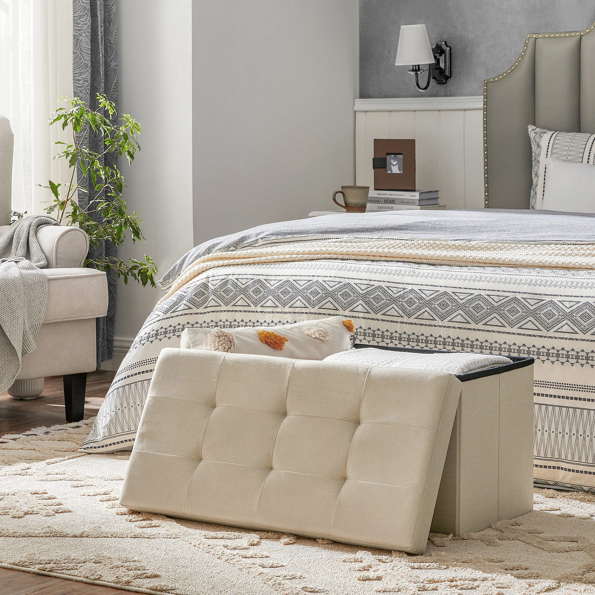 Panca Contenitore Pieghevole in Tessuto Effetto Lino Beige